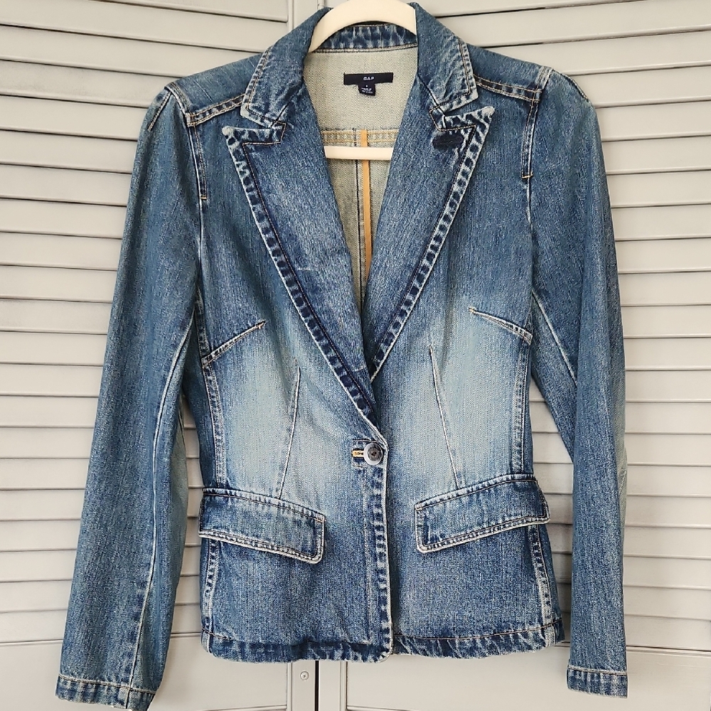 Vintage Gap Denim Fitted Single Button Blazer Jacket Retro Model Off Duty Denim